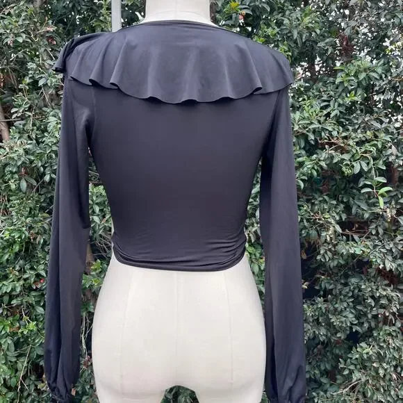 Top Chic Vintage 90s Black Lace Up Long Sleeve Crop Top Women’s Medium Grunge - Picture 2 of 6